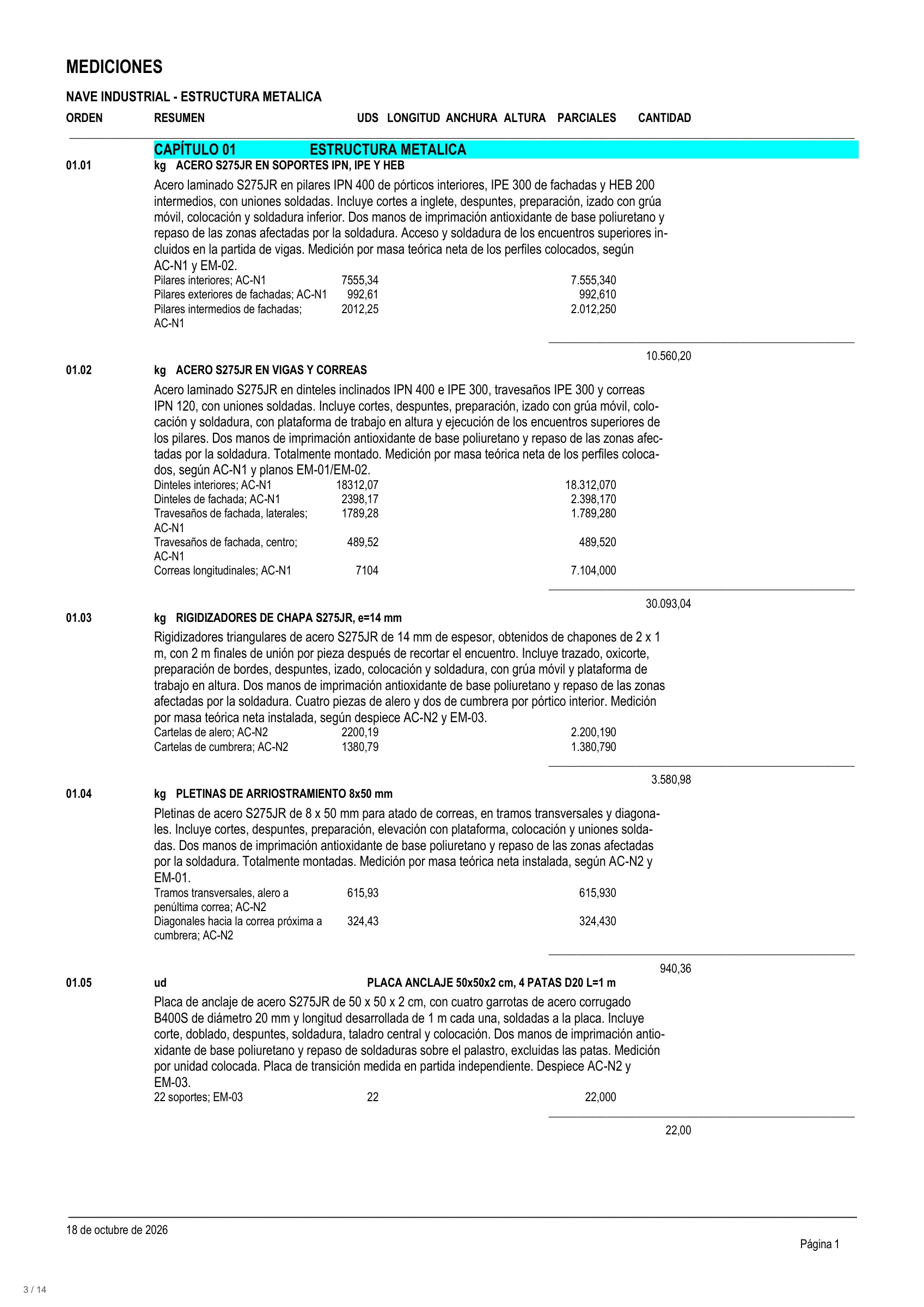 Mediciones en Presto de la práctica académica de nave industrial.