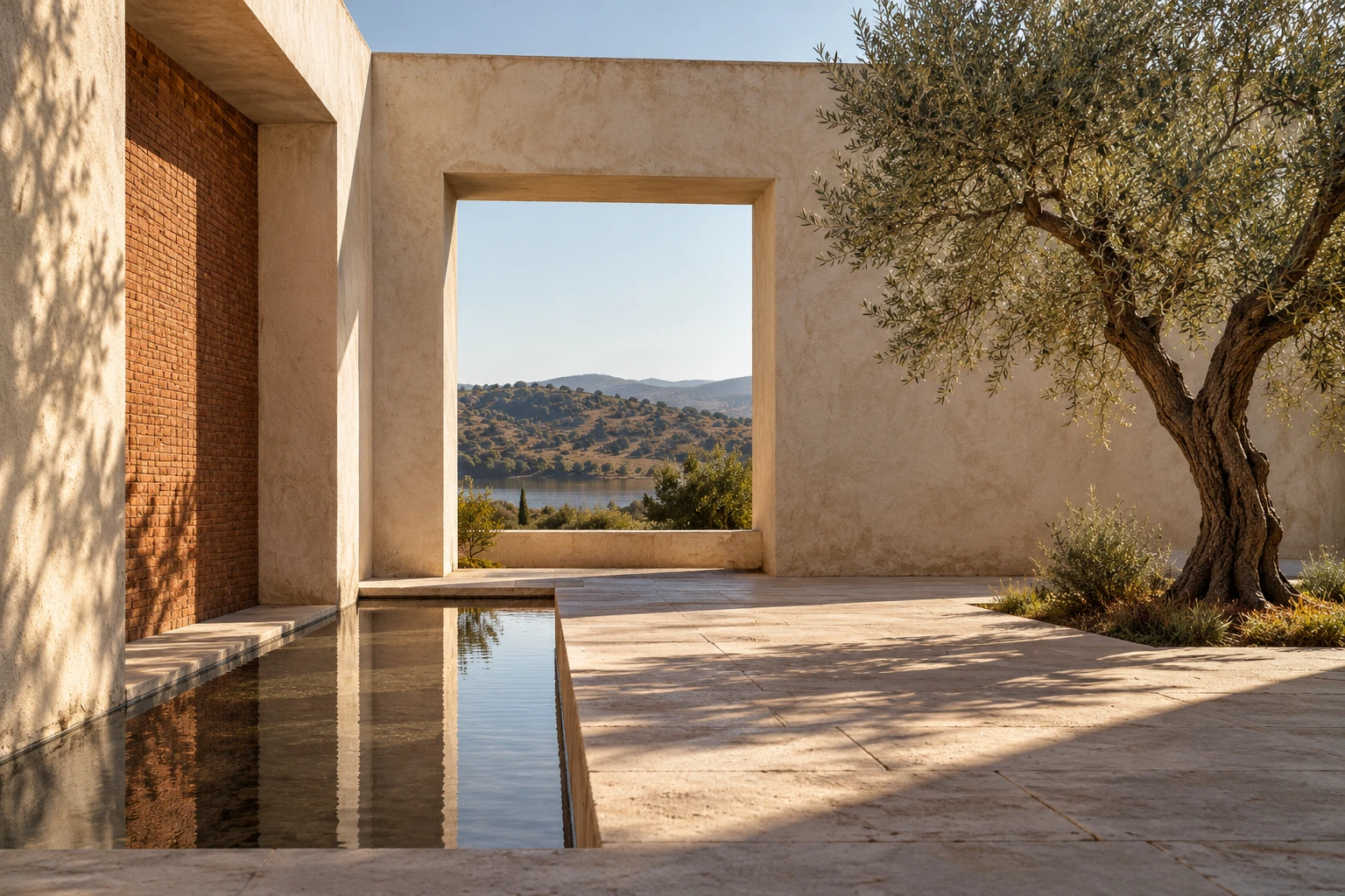 Patio arquitectónico ficticio con piedra, ladrillo y un olivo. Visualización conceptual generada con IA.